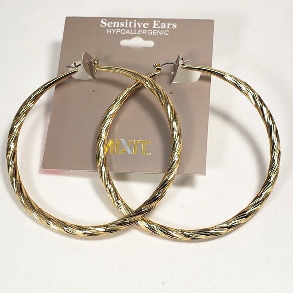 Women's Stunning Gold tone Twisted Design Big Hoop Earrings - 2.75" in Diameter - Picture 2 of 7
